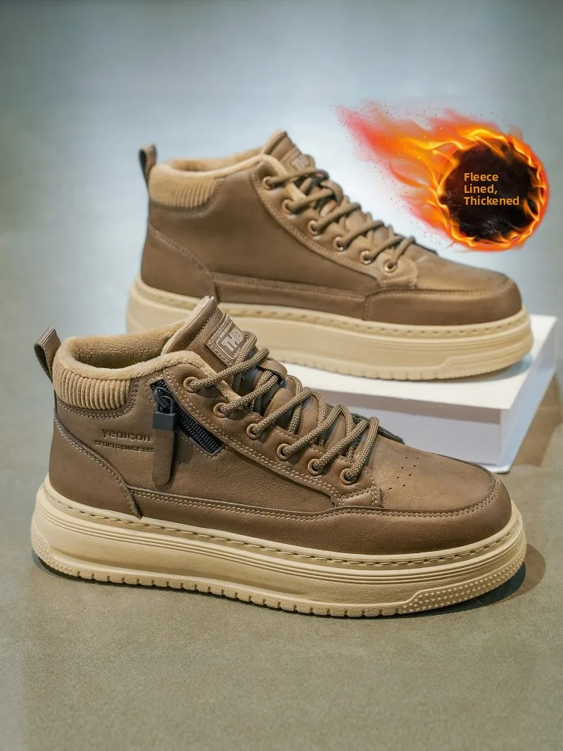 

Men's High Top Shoes Winter Casual Retro Work Shoes Anti-slip Leather Face Fleece Lined Warm Cotton Shoes Comfortable All-Match