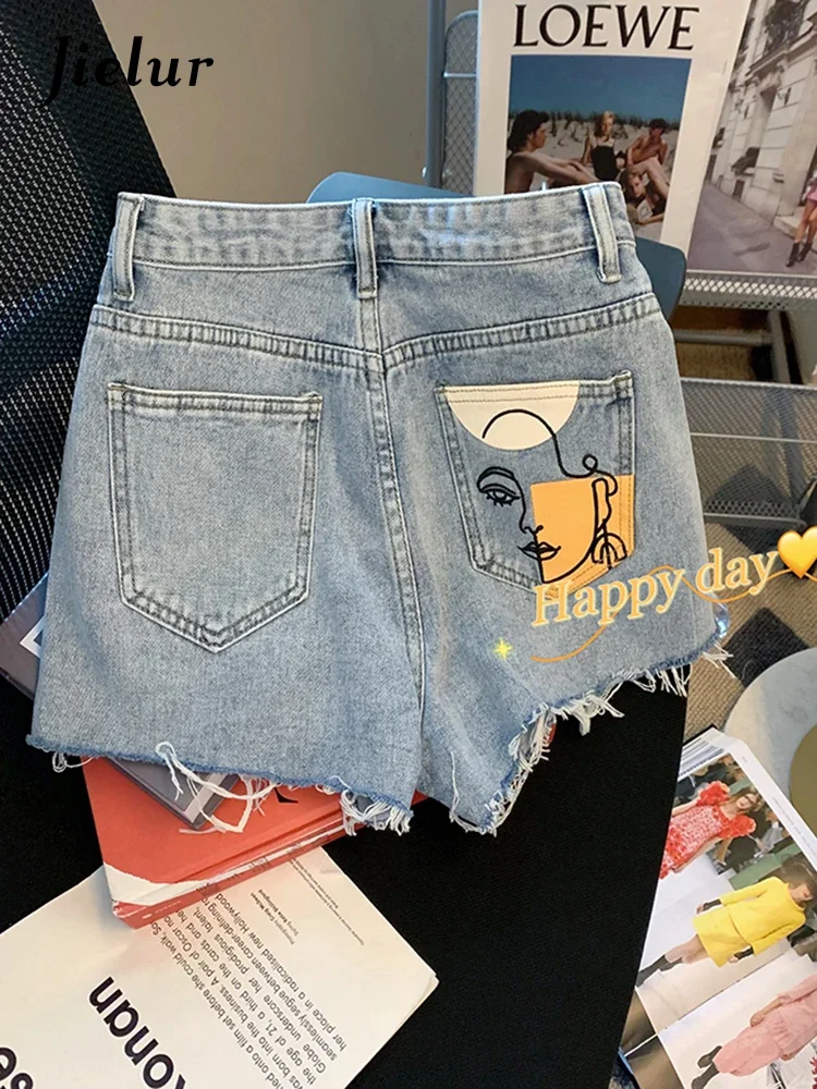 

Jielur Hight Street Loose Ripped Women's Jeans Straight High Waist Print Denim Shorts Women Blue Short Jeans Female Summer S-XL