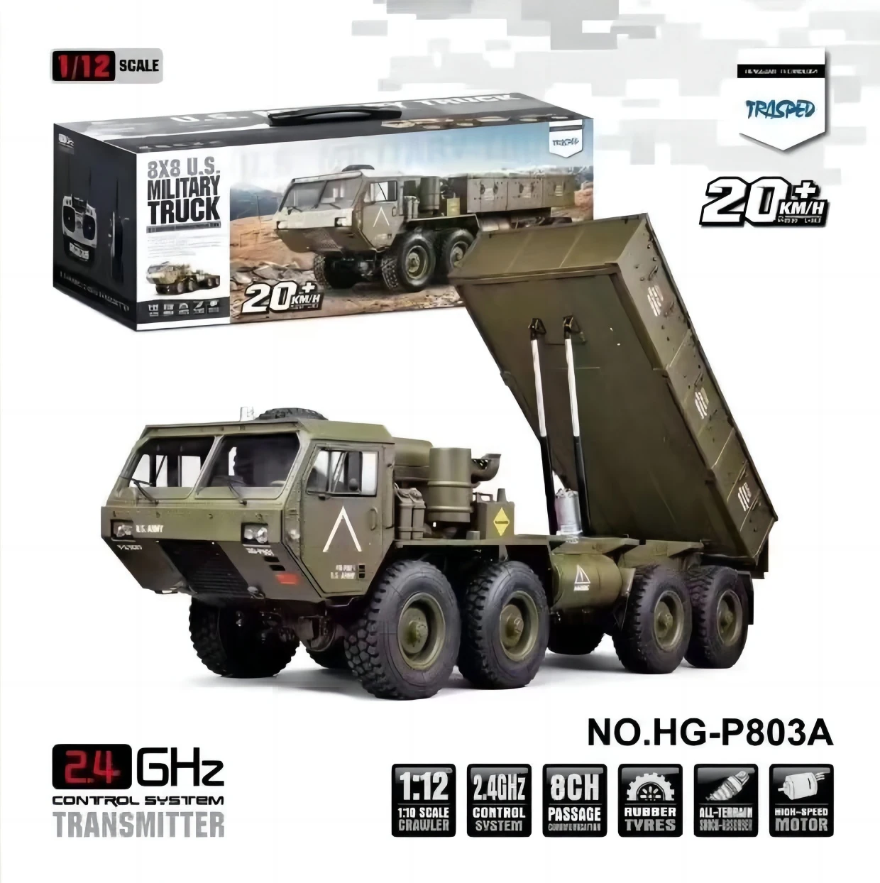 

HG P801 P803A 1/12 8x8 8WD for US Army Military Truck RC Car Tractor Off-road Climbing Vehicle Model Trailer Crawler Adult