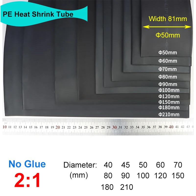 

Black 2:1 Heat Shrink Tube Polyolefin 40/45/50/60/70/80/90/100/120/150/180/210mm Insulated DIY Cable Repair Wrap Wire Protector