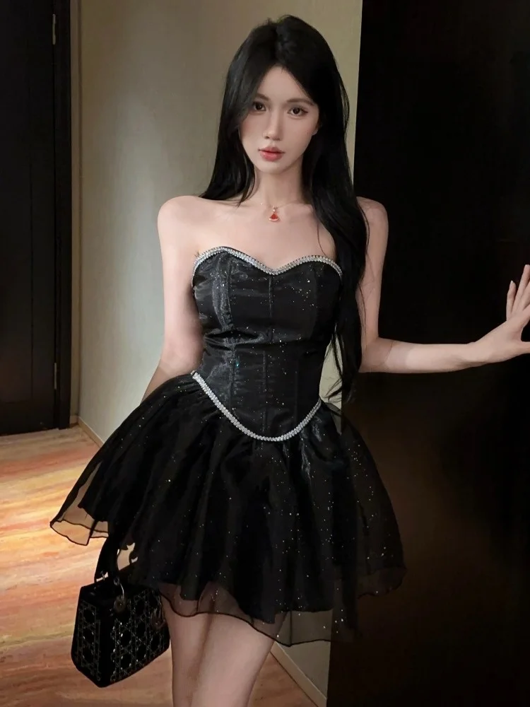 

Retro Feel Knitted Lace Trim Bustier Dress Women's Waist Cinching Mesh Puffy Short Skirt Korean Style Slim Fit Casual Spring ...