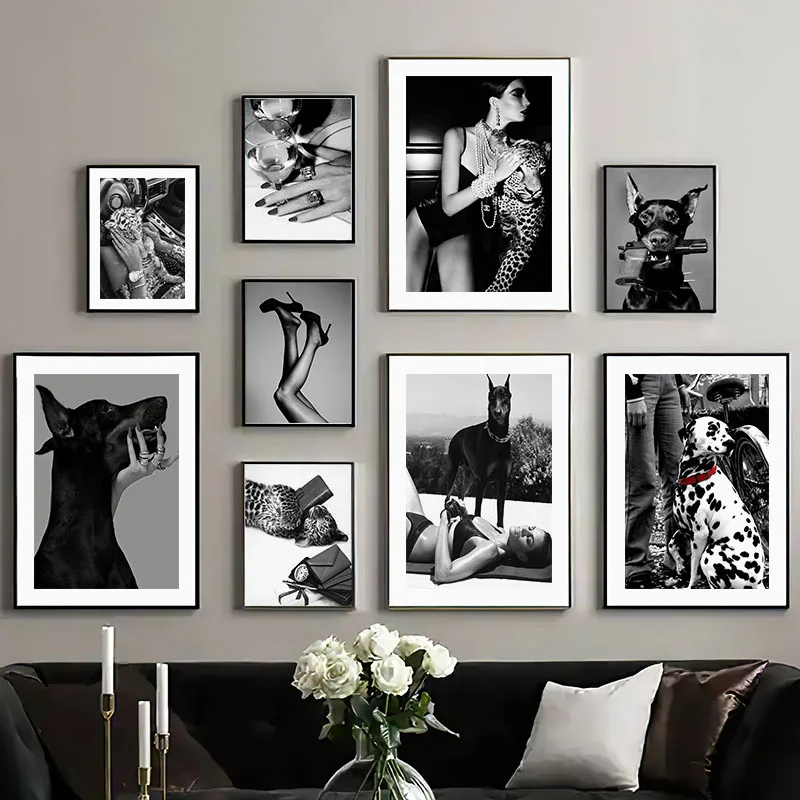 Fashion Sexy Women Black High Heels Dog Leopard Wall Art Canvas Painting Luxury Store Posters Prints For Hotel Living Room De