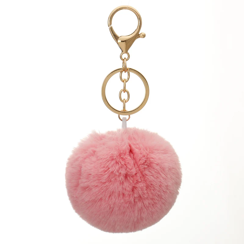 8cm  Fake Fur Brand Bag Fluffy  Pompns Keychain Pom Pom Car Keyring Gold Color Chains pompons Fake Rex Rabbit Fur Charms Chain