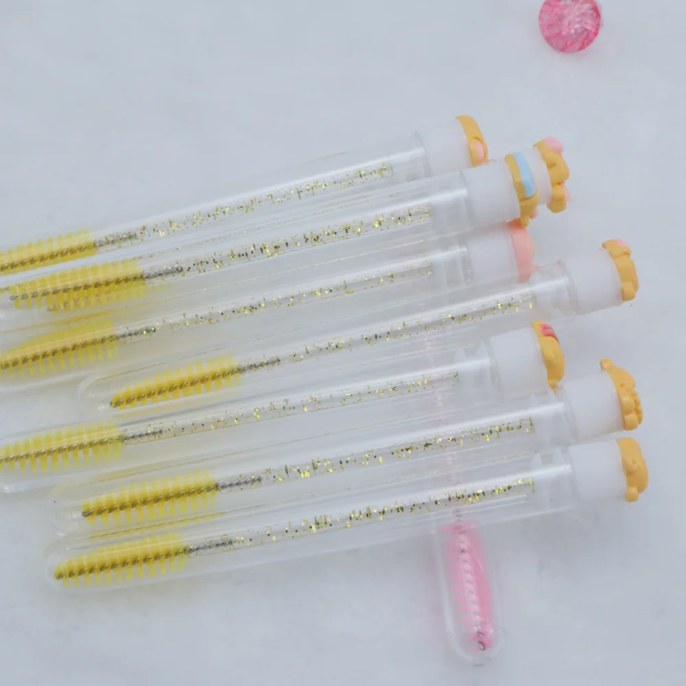 使い捨て漫画風黄色のクマ柄マスカラブラシ10本（チューブ付き）、クリスタルまつげブラシ（メイク用）