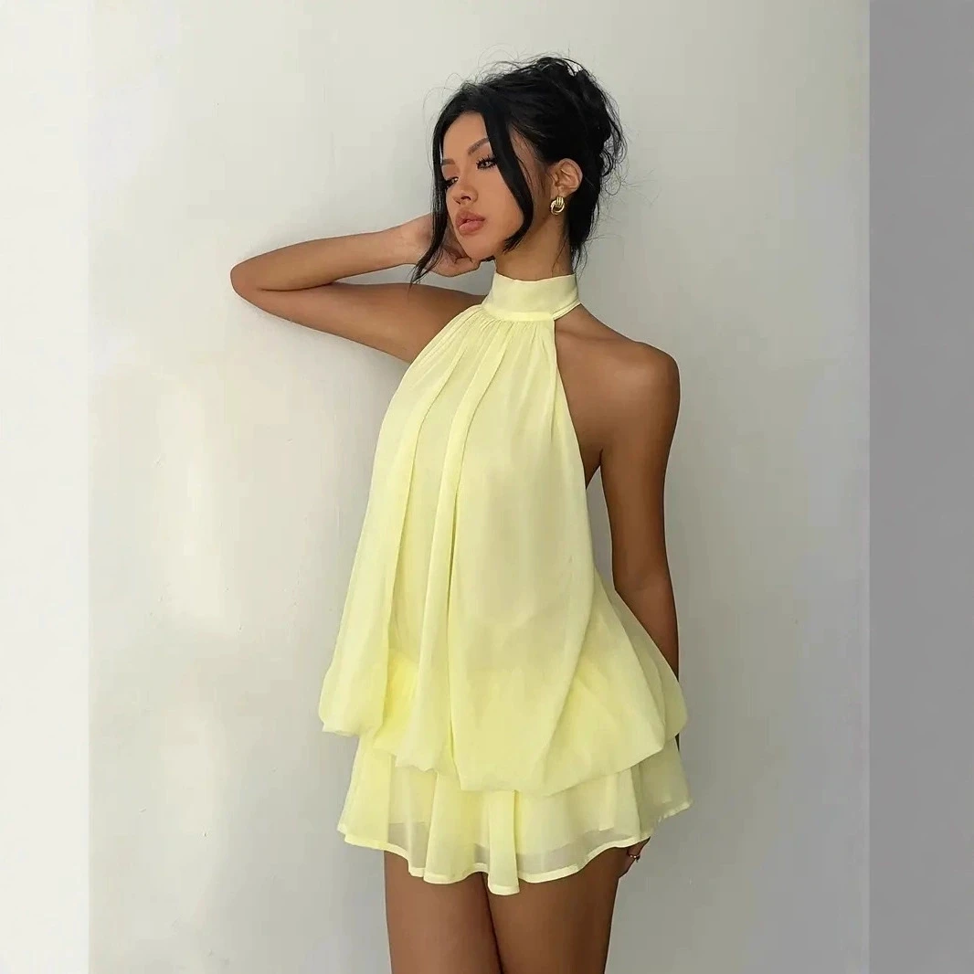 2026 Frühling Sommer Kleid Sexy Rückenfreies Neckholder-Schulterkleid für den Strandurlaub Süßes Mädchen Lockeres Temperamentvolles Rüschen-Minikleid