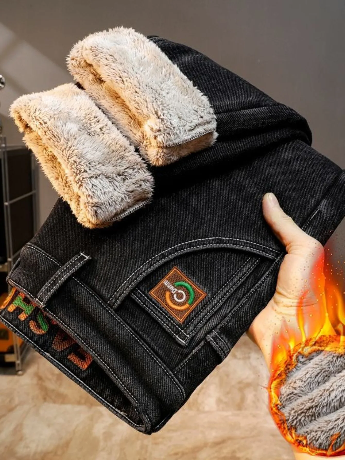 2026Thickened Fleece Warm Casual Men's Jeans Winter New Style High End Fashionable All-Match Men's Denim Pants mid Waist Zipper