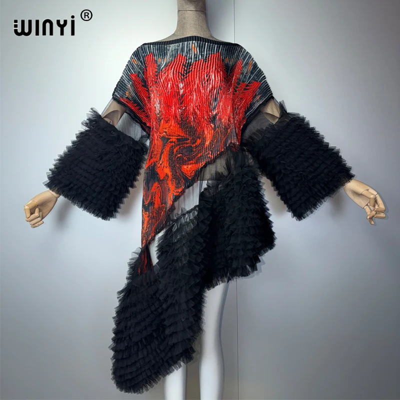 WINYI Unregelmäßiges Kaftan-Kleid im Dubai-Stil, Plissiert mit Elastischen Puffärmeln, Strandkleid, Luxuriöses Party- und Abendkleid für den Urlaub – Detail 4