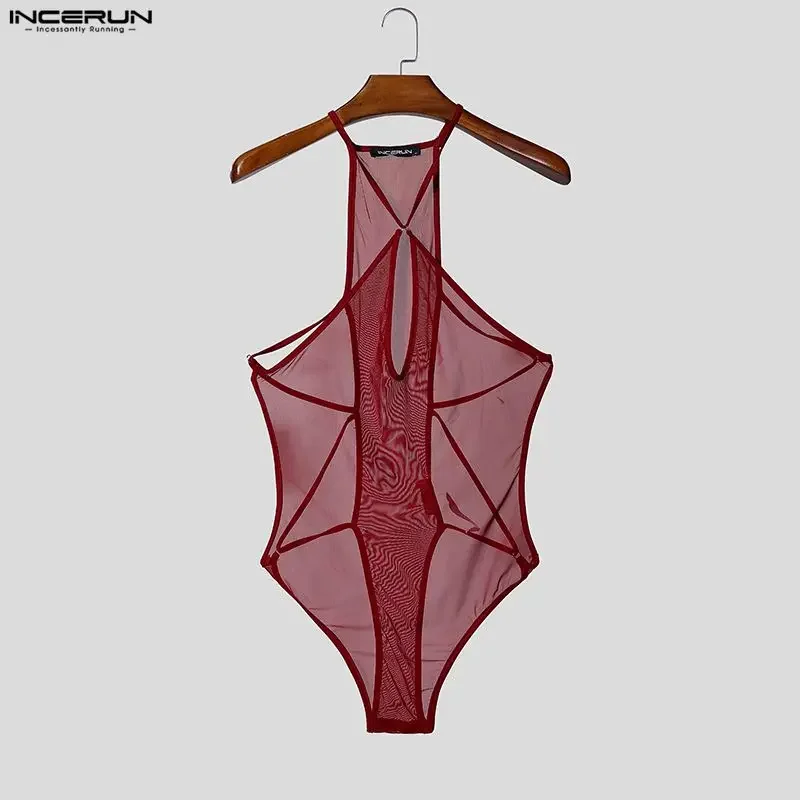 INCERUN Men's Bodysuits Solid Mesh See Through O-neck Sleeveless Bodysuit For Man Sexy 2026 Hollow Out Male Rompers Playsuits image 4