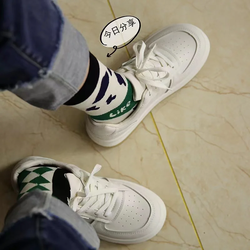 4Pairs/Lot Fashion Green Black Socks For Women Cotton Double Needle Ladies AB Socks with print