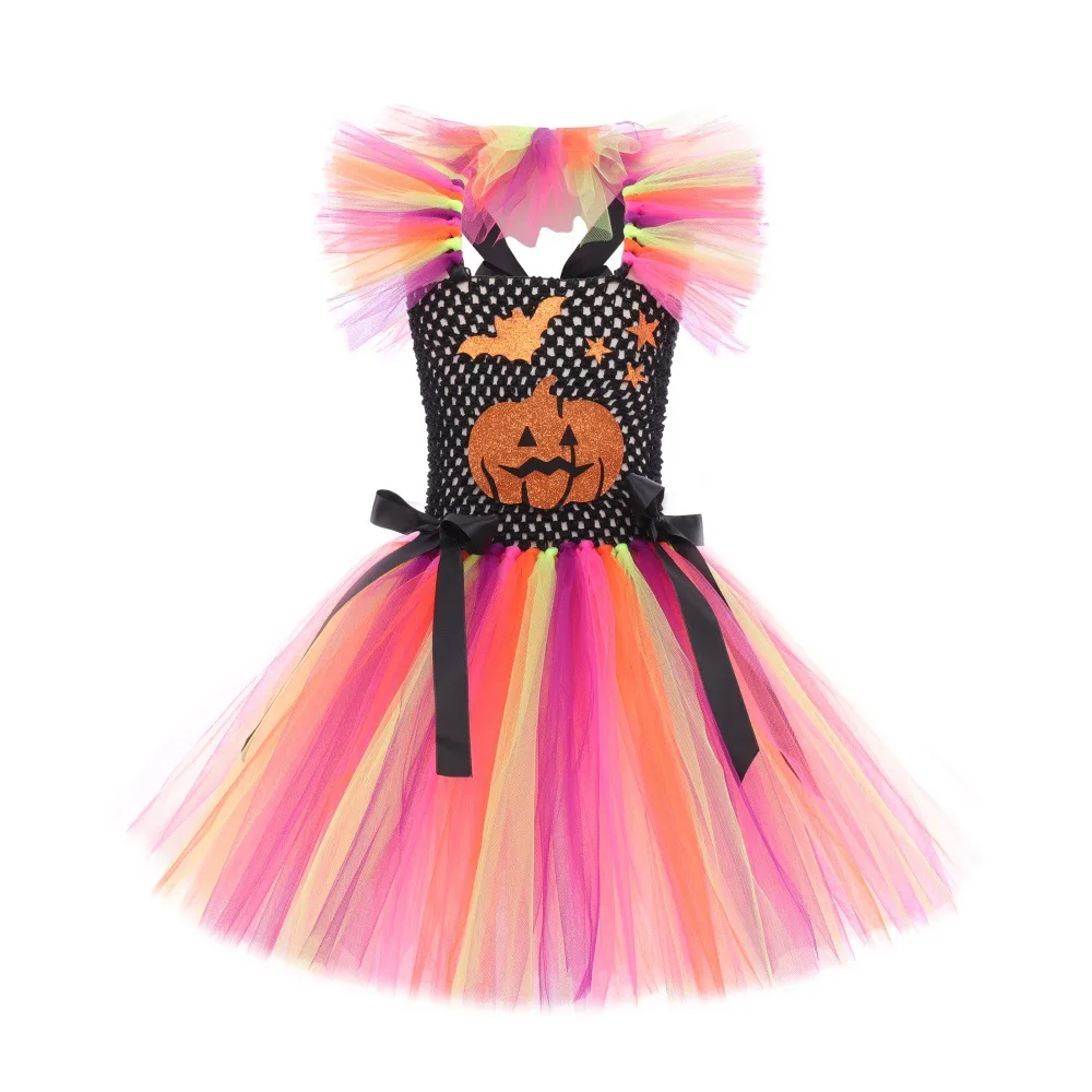 Girls Halloween Funny Pumpkin Bat Tulle Tutu Dress Halloween Festival Party Stage Performance Dress Up Full Accessories Outfit