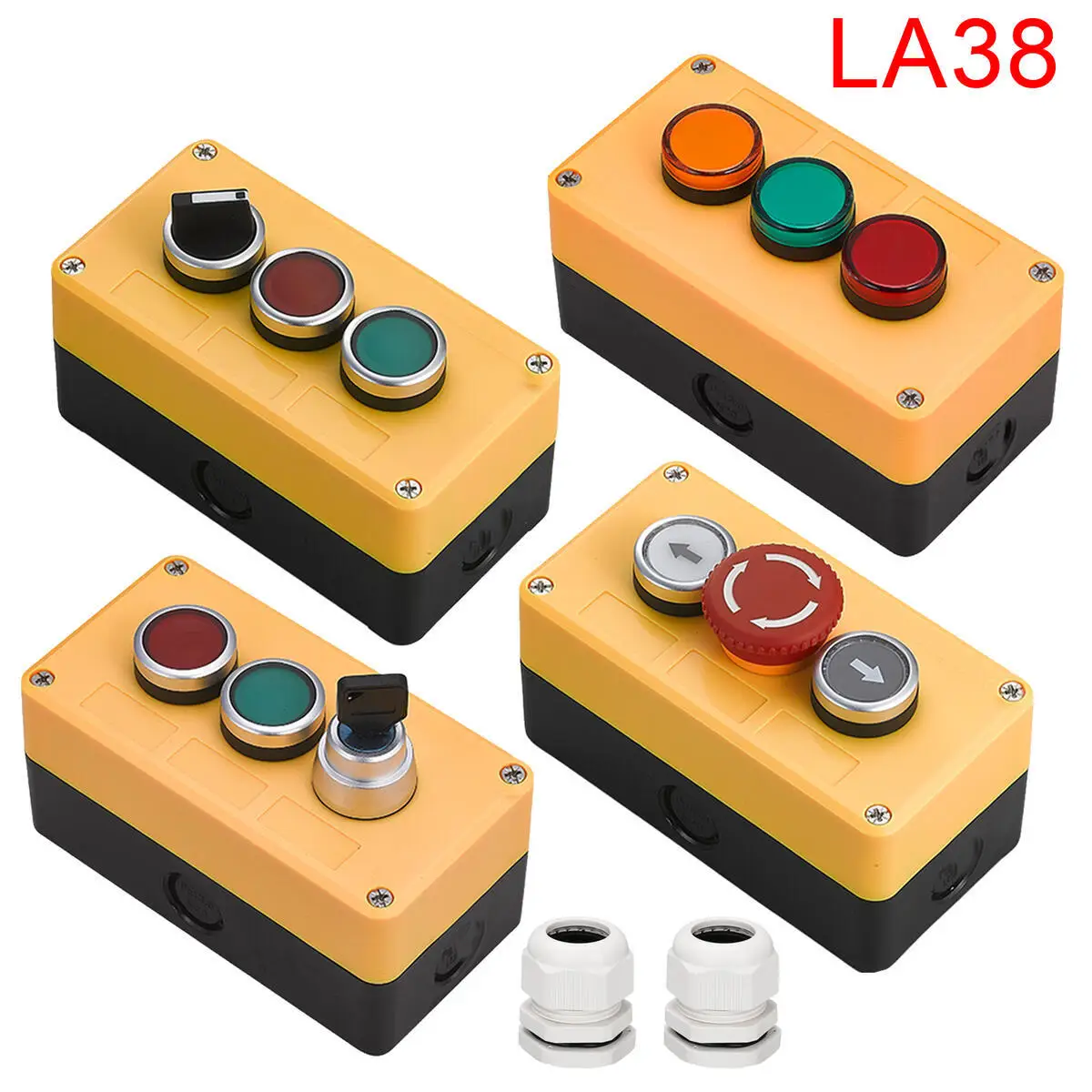 Installation Waterproof LA38 Button Switch Control Box Dust-proof 3 Holes Push Button Box Knob Emergency Stop Yellow Case Light