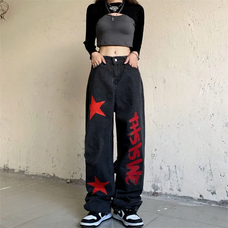 Women's Letter Pattern Star Print High Waist Black Jeans Street Cool Girl Bottoms Wide Legs Pants Female Fashion Denim Trousers