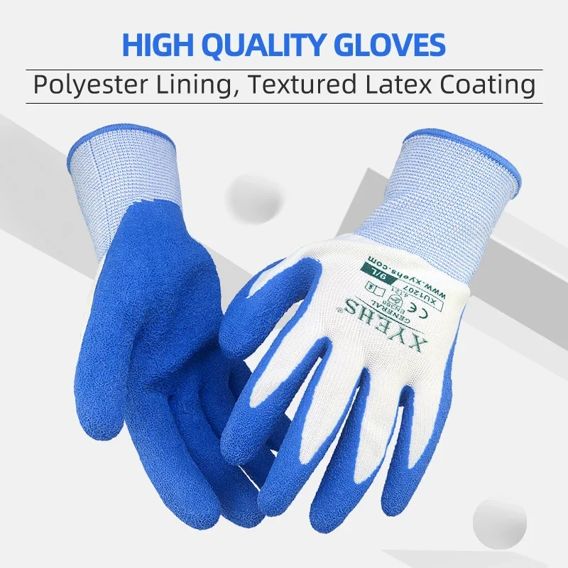 XYEHS XU1207 Anti-Slip Dipped Latex Coated Safety Work Gloves, 13 Gauge Polyester, Abrasion & Water Resistant for Construction