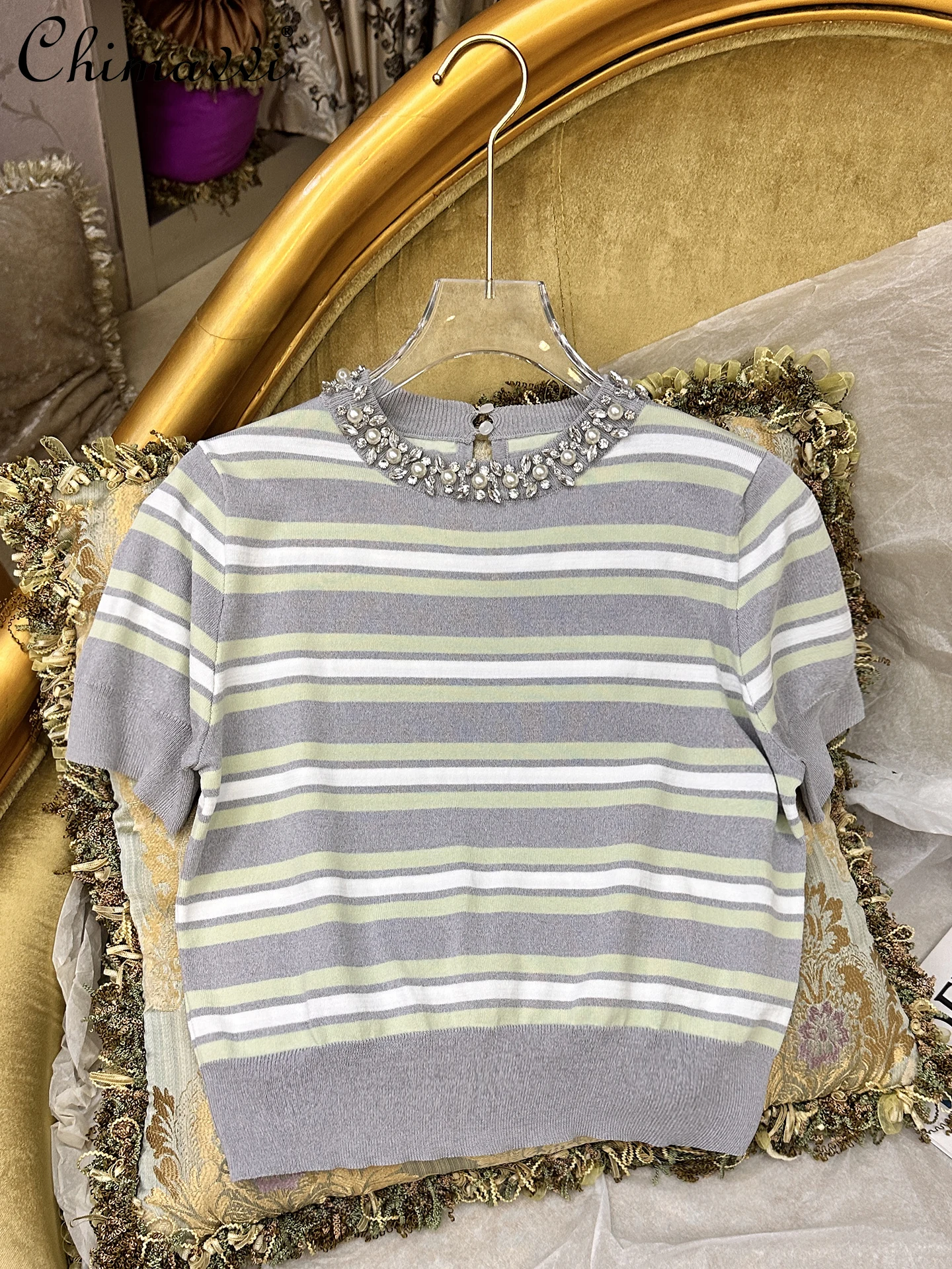 

2025 Summer New Heavy Industry Diamond Collar Top Sweet Girl Sweet Pearl Striped Slim Women's Versatile Knitted Sweater
