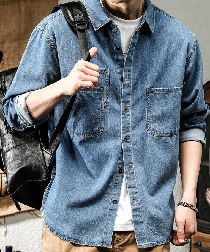 

Весенняя мужская новая стильная повседневная винтажная мужская джинсовая рабочая рубашка с длинным рукавом, повседневная модная универсальная куртка для мужчин