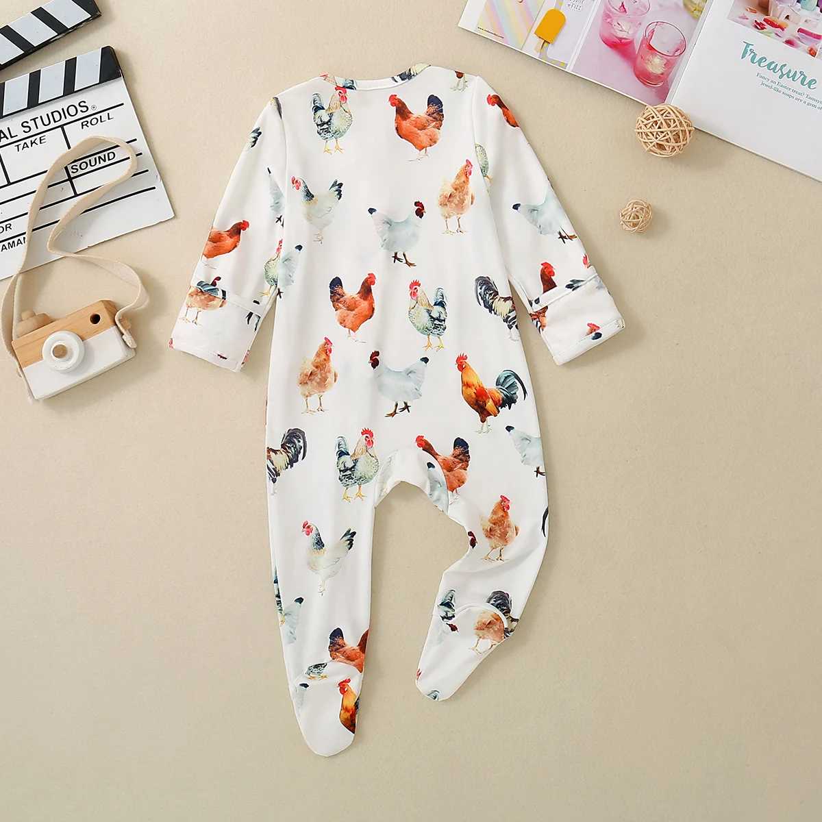 Fall Unisex Baby Boy Rooster Print Casual Fashion Long-Sleeved Zipper Footed Onesie Crawlsuit