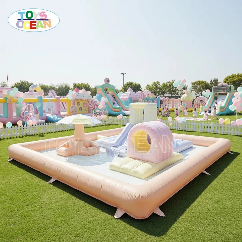 Commercial Pastel Inflatable Water Park, Kids Playground Combo with Slide Multi-functional Water Play Pool for Party Rental