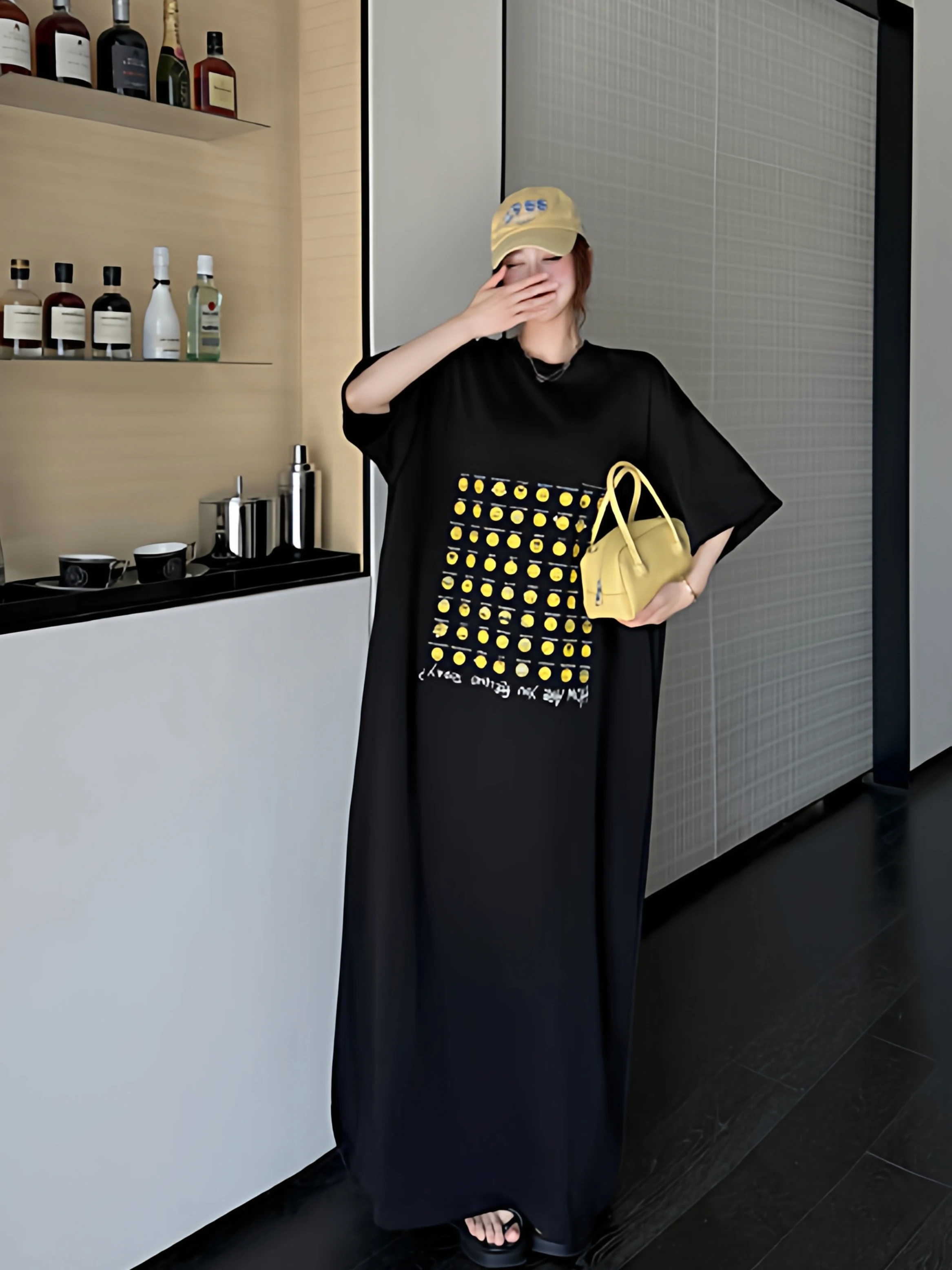 plus Size Women's Summer Long Loose Dress Knee-Length Short Sleeve T-Shirt Casual High Waist Cotton Printed Dress for Ladies