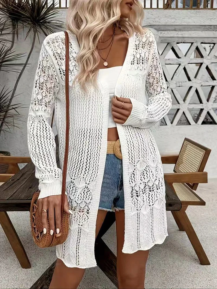 Women Hollow Out Long Sleeve Cardigan Sexy Loose Beach Cover-Ups Fashion Women\'s Solid Cardigan Coat Holiday Casual Outfit