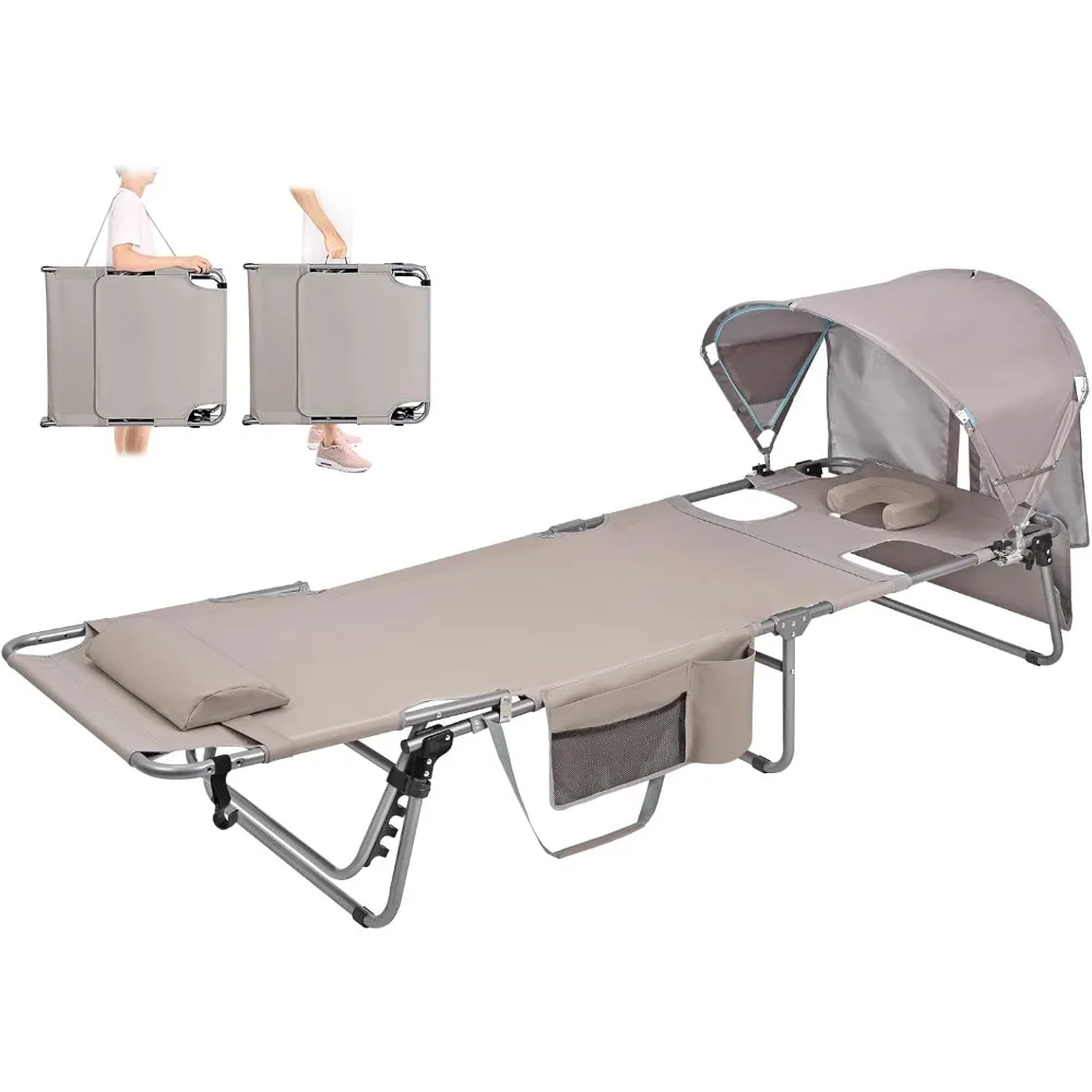 

Oversized Tanning Chair with Sun Canopy Face Hole, Heavy Duty 330 LBS Folding Chaise Lounge Chair 5 Position Reclining for Adult