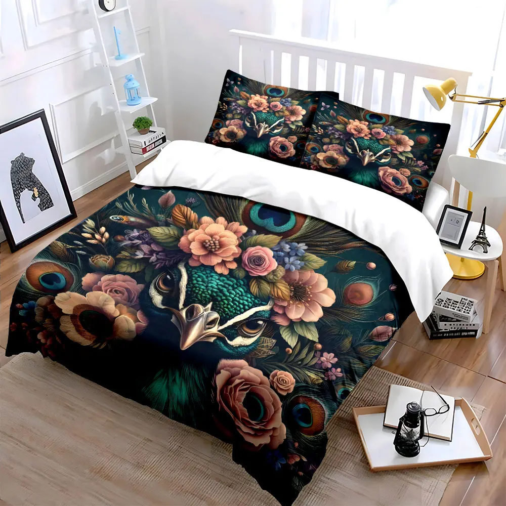 Elegant Peacock with Floral Fusion Bedding Set for Kids Luxury Gift 3pcs Digital Print Comforter Set Soft Comfortable Breathable