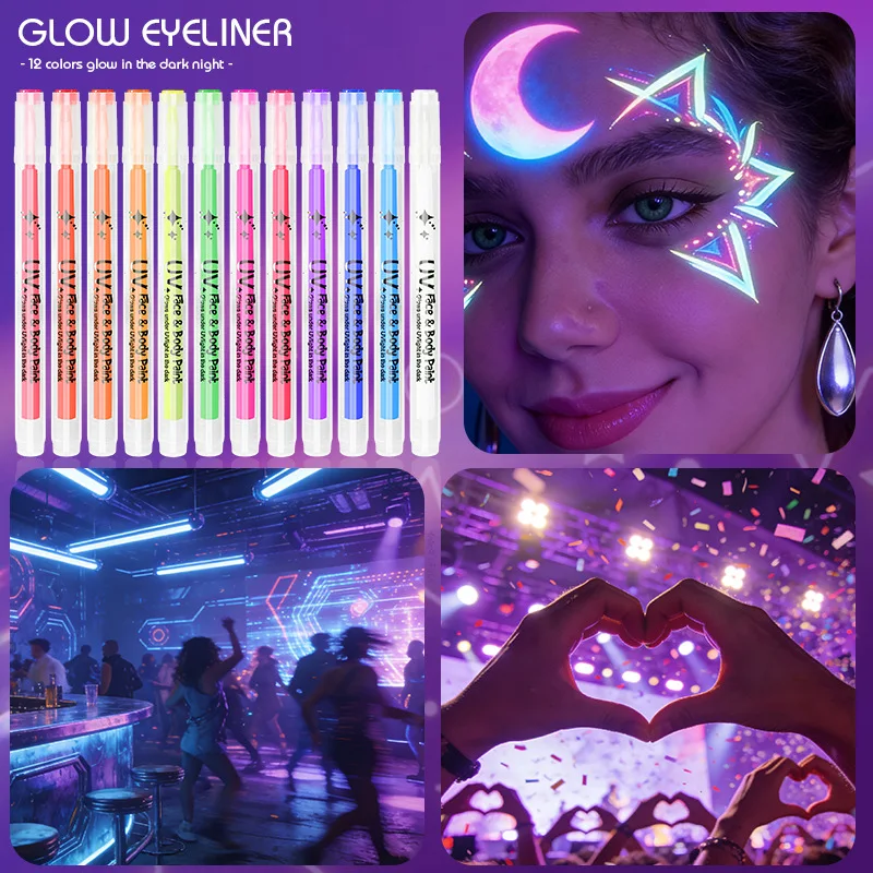 

2-in-1 Dual Tip Neon Face Paint Pen Glow UV Body Marker Makeup Brush Non-Toxic Waterproof DIY Hair Art for Halloween Party Festi