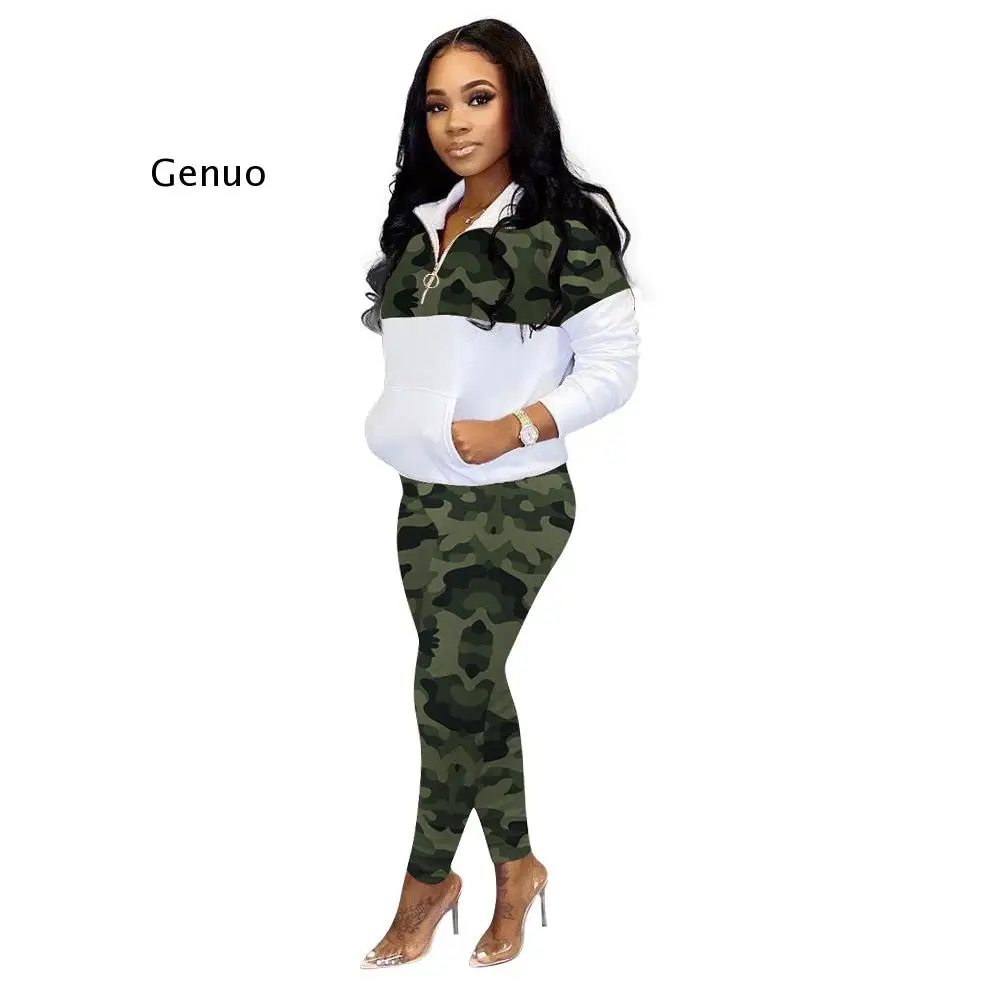 Camouflage Panelled Fitness 2 Piece Set Women Clothes Long Sleeve Zipper Front Pockets Hoodie   Straight Pants Fleece Tracksuits