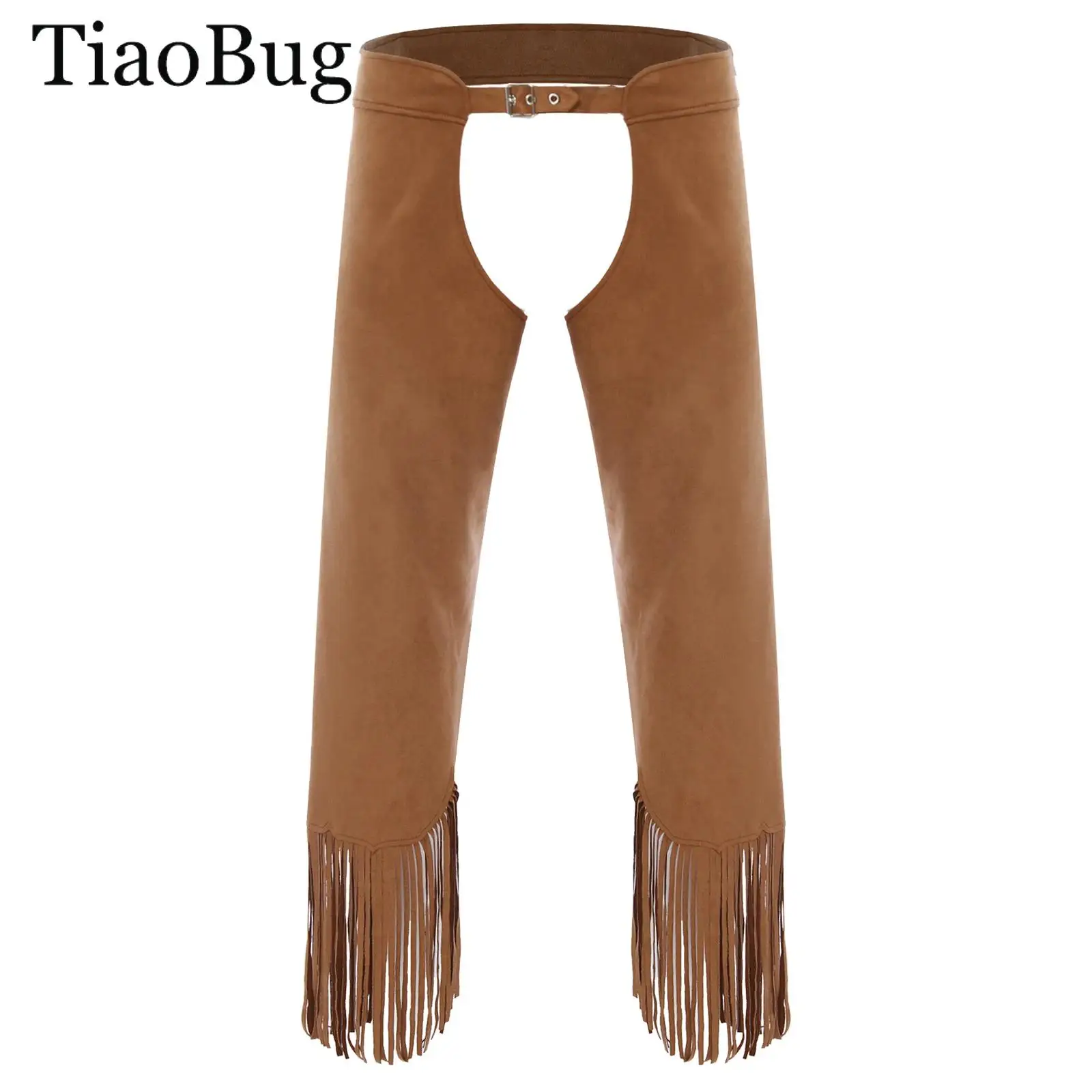 

Men Western Cowboy Chaps Adjustable Buckles Split Fringed Suede Open Crotch Pants Motorcycle Biking Trousers Halloween Dress Up