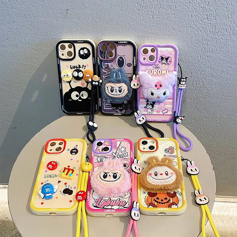 Cute 3D Cartoon Labubu Fur Phone Case for Samsung Galaxy A14 A15 A16 A12 A02S A03S A04e A05S A06 With Strap Plush Kuromi Cover