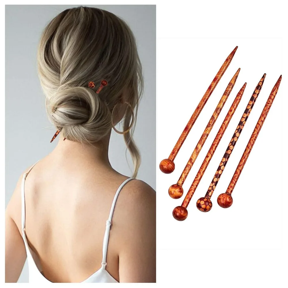 24pcs Vintage Wood Hair Pin 12 Styles Retro Hair Sticks 5