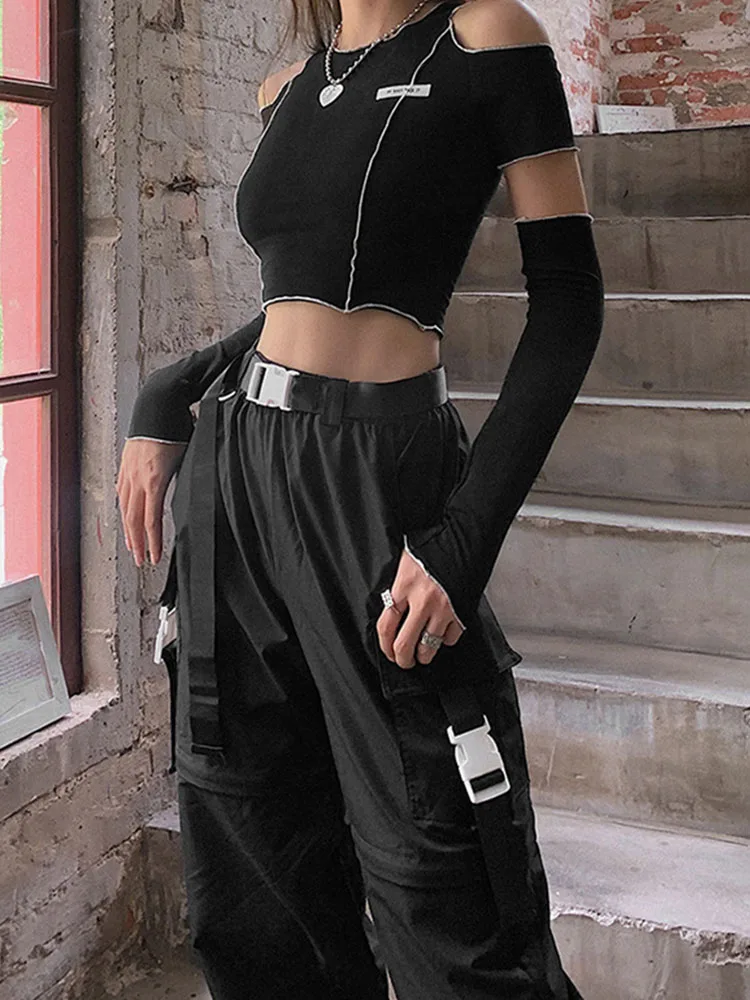 Patchwork Black T-shirts Gothic One Shoulder Sleeve Y2k Crop Tops Ruffles Hem Hip Hop Techwear Women Tees