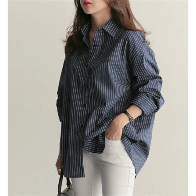 

Осень 2024, новая средняя и длинная свободная синяя женская рубашка в вертикальную полоску, женские топы