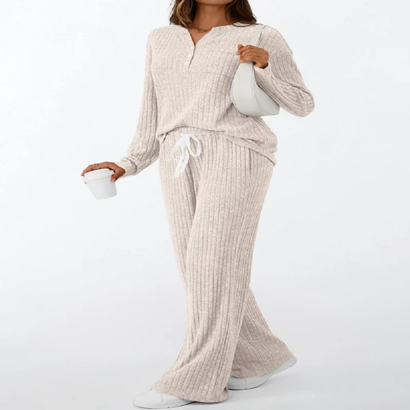 Womens 2 Piece Lounge Sets Fall Henley Neck Sweater Matching Sweat Suits Comfy Pajamas Clothes Pockets