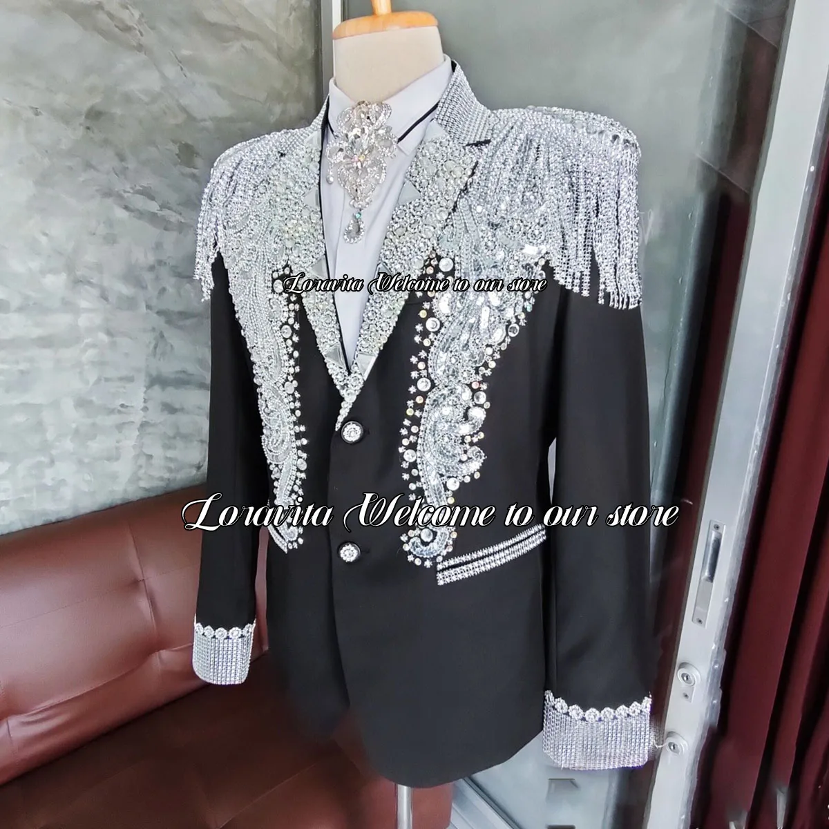 Formal Groom Wedding Tuxedos Luxury Sparkling Diamond Beaded Men Suits Black 2 Pieces Male Prom Blazer Slim Party Costume Homme