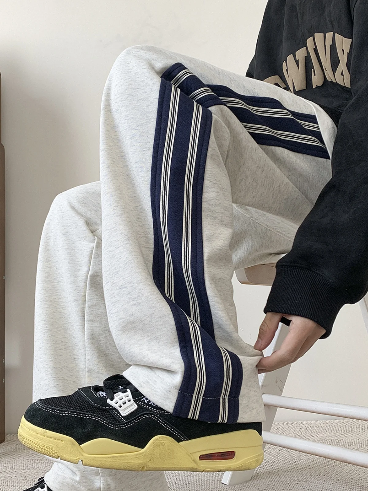 

Мужские спортивные брюки в полоску, повседневные, прямого кроя, свободные, весна-осень, американский стиль, модный бренд, с плоским передом