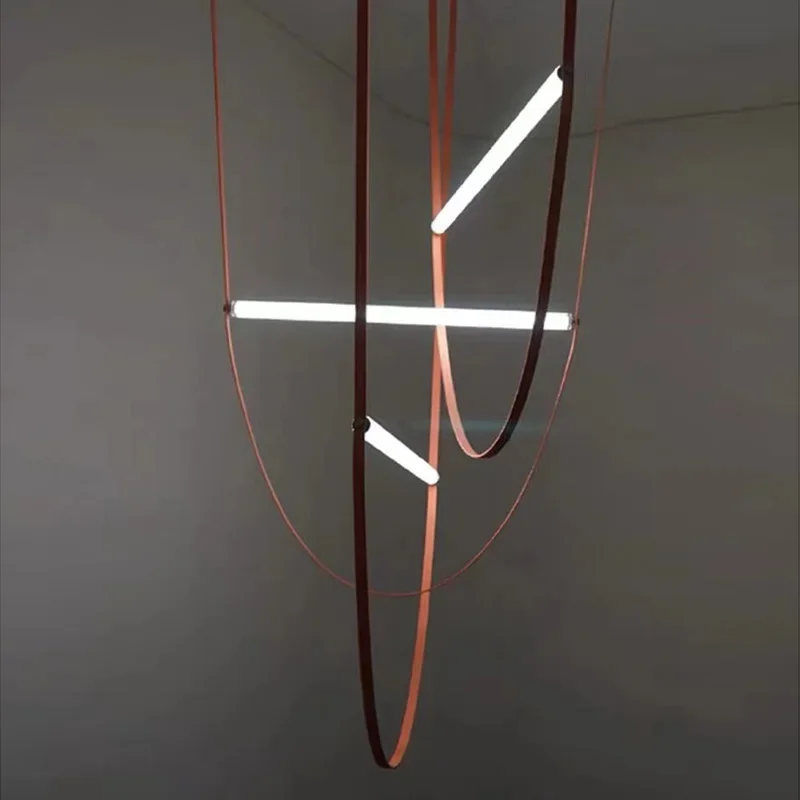 Design moderno led lustre preto marrom vermelho cinto italiano longo couro sala de estar quarto brilhante decoração para casa lustre