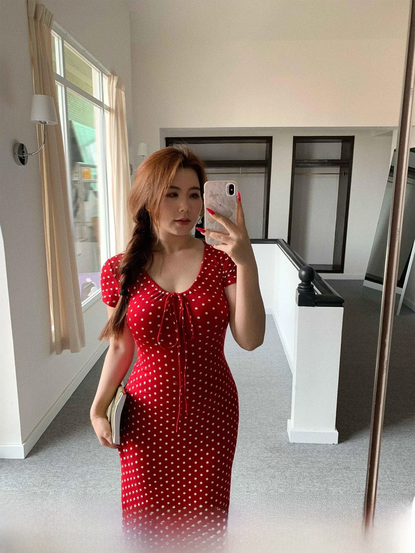 

Красная юбка миди в горошек с U-образным вырезом, большого размера, в стиле ретро, для повседневной носки, модная, с завышенной талией, А-силуэт, летняя новинка для полных женщин