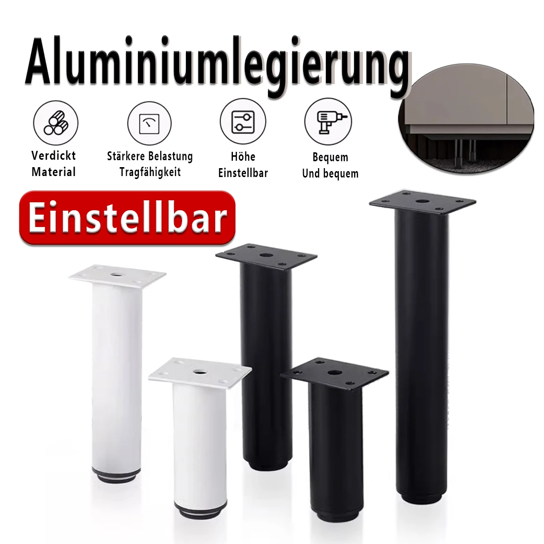 

Aluminum Alloy Adjustable Furniture Legs for Cabinet, Table, TV Stand Bed Support Feet with Non-Slip Base