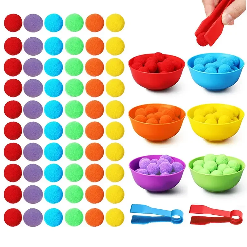 

Children's counting and classification toy set, 60 plush balls, 6 rainbow colors, plastic bowl with 2 pliers, fine motor skills