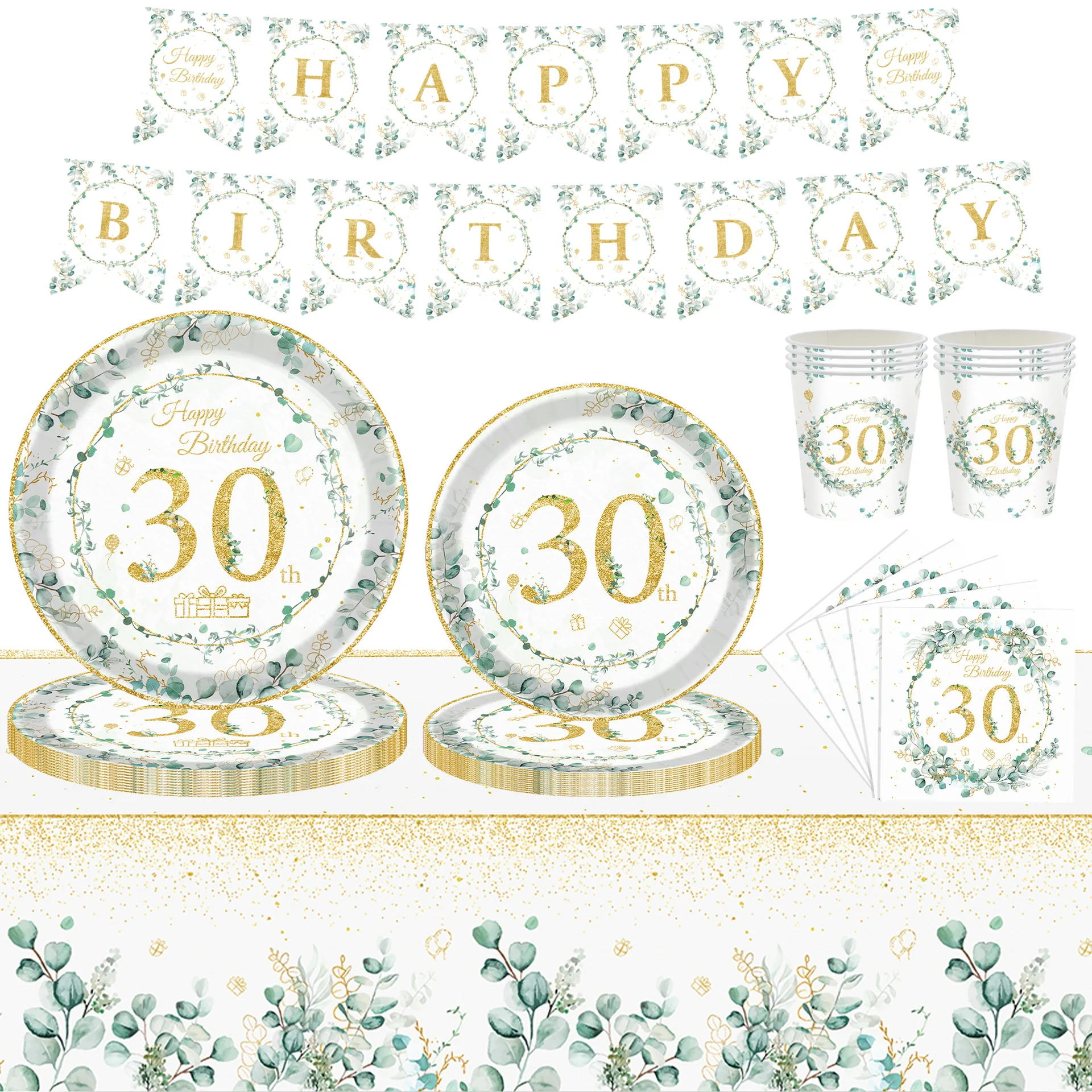 30th Birthday Decorations Tableware Paper Plates Cups Napkins Eucalyptus Sage Green Paper Gold Serviettes Anniversary Napkins