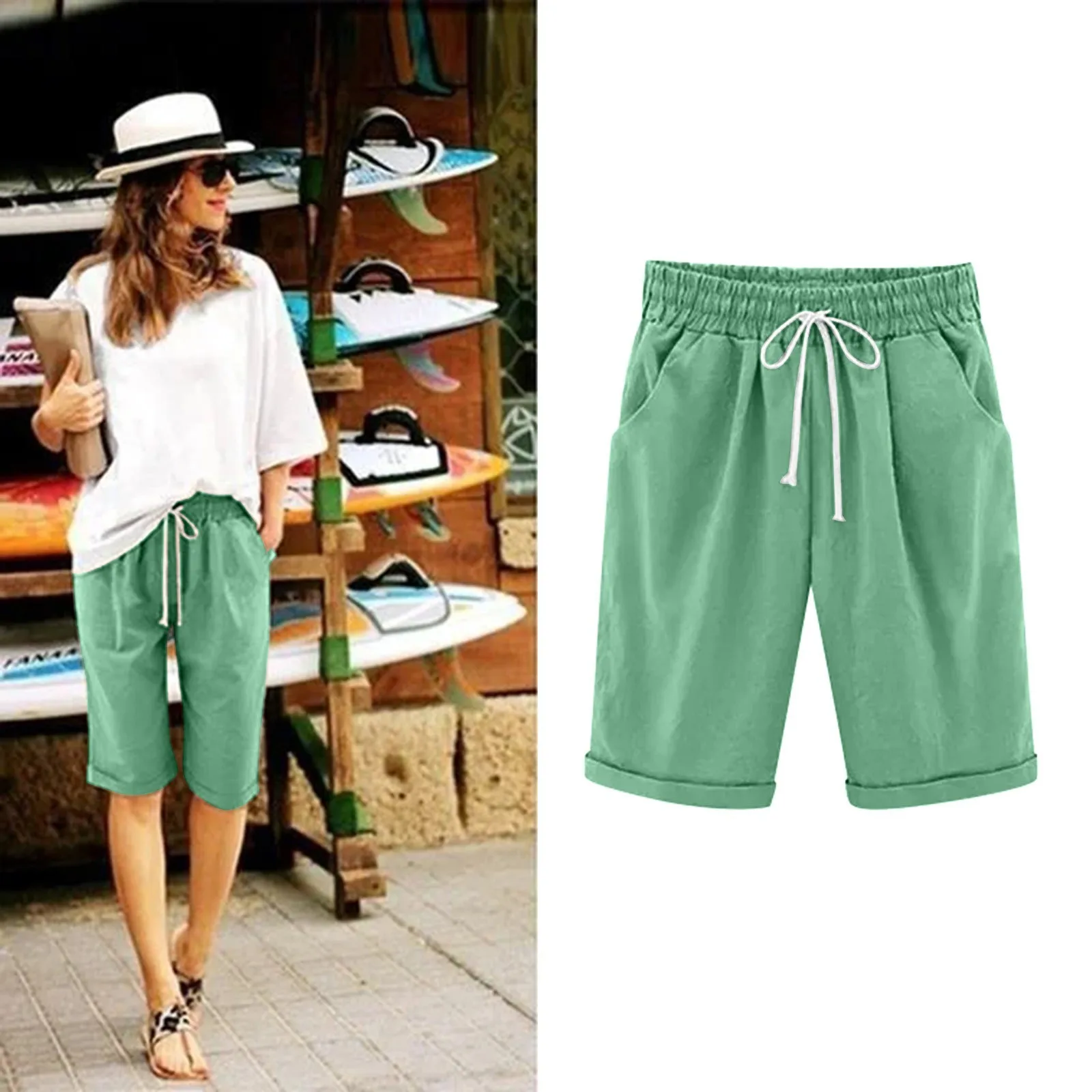 Shorts femininos de algodão e linho, moletom casual de pernas largas, moda praia, bolso, monocromático, quinta calça, verão