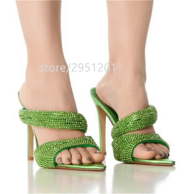 

Green Full Crystal Sandals Luxury High Heel Strap Slipper Sexy Women Shoes Summer New Shoes