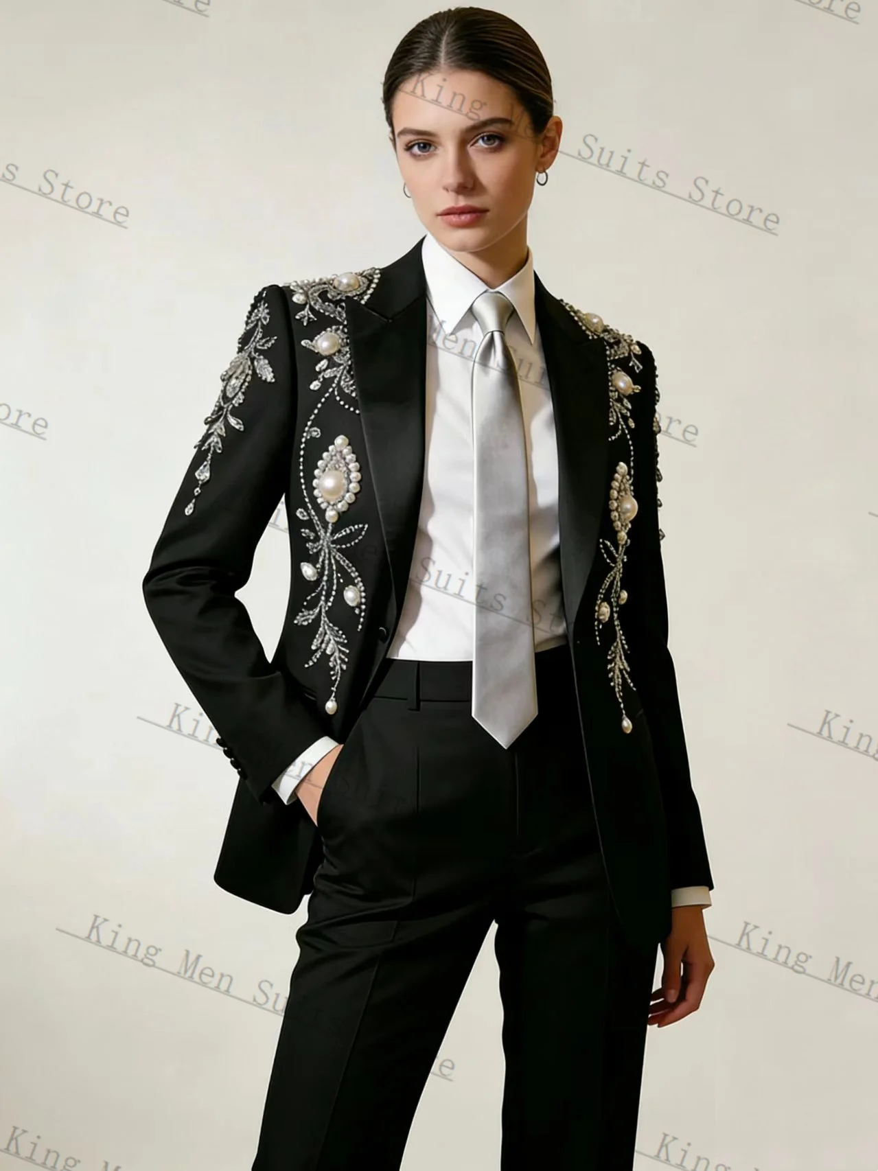 

Luxury Women Suit Set 2 Pcs Blazer+Pants Trousers Crystals Spring Customized Formal Office Wedding Tuxedos Coat Prom Jacket
