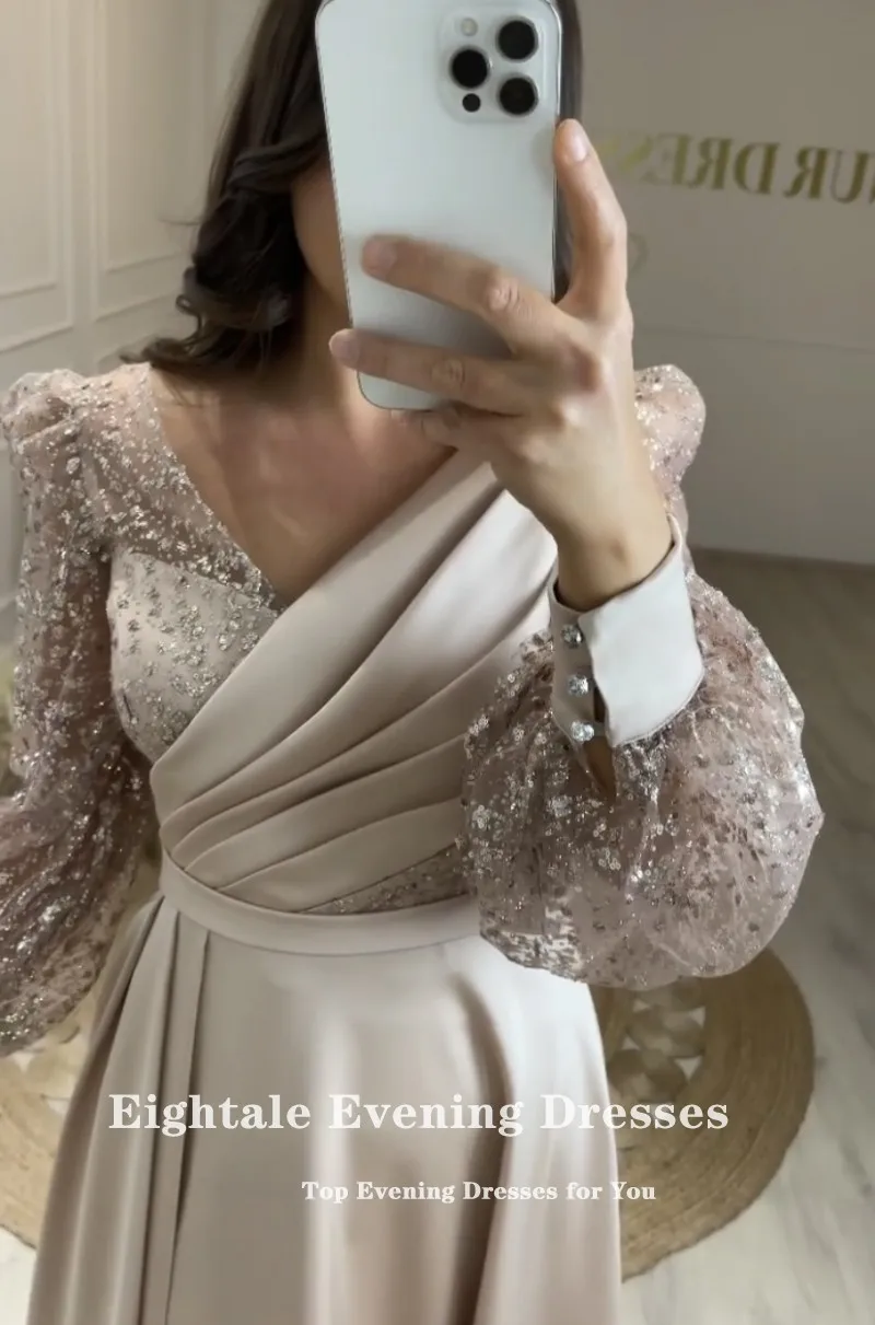 Eightale champagne curto vestido de noite para festa de casamento com decote em v cetim gliiter baile de formatura vestido longo inchado mangas vestido de celebridade