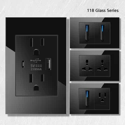 America Standard Power Outlet Double USB Type C Quick Charger Wall Socket,US Mexico Glass Panel Piano Light Electrical Switch