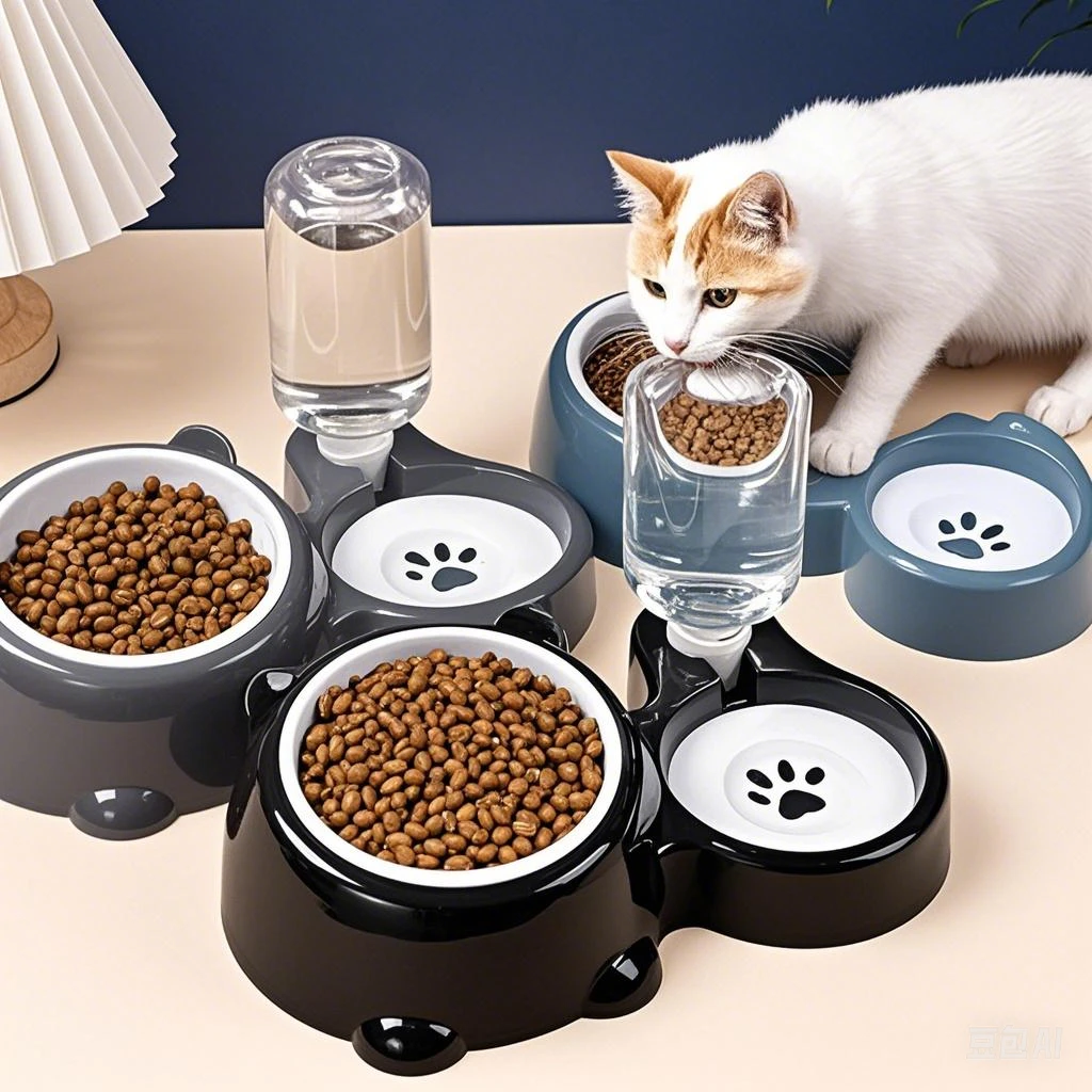 

2-in-1 Automatic Pet Feeder & Water Dispenser Non-Slip, Tilted Stainless Steel Bowls for Cats No Charging or Batteries Needed