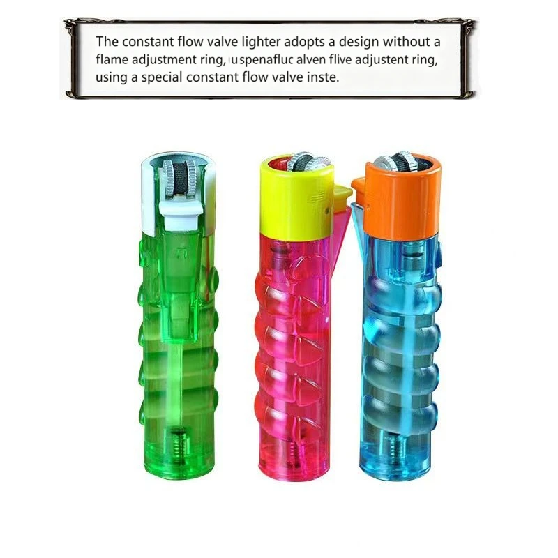 Constant Flow Valve Flint Wheel Lighter, Refillable Butane Lighter with Replaceable Wheel, Transparent Multi-Color Lighter