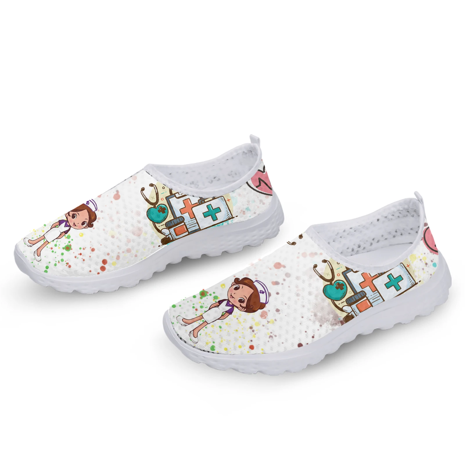 INSTANTARTS Brand Design Women White Nursing Shoes Cute Cartoon Nurse Doctor Medical Print Slip-on Loafers Mesh Casual Shoes