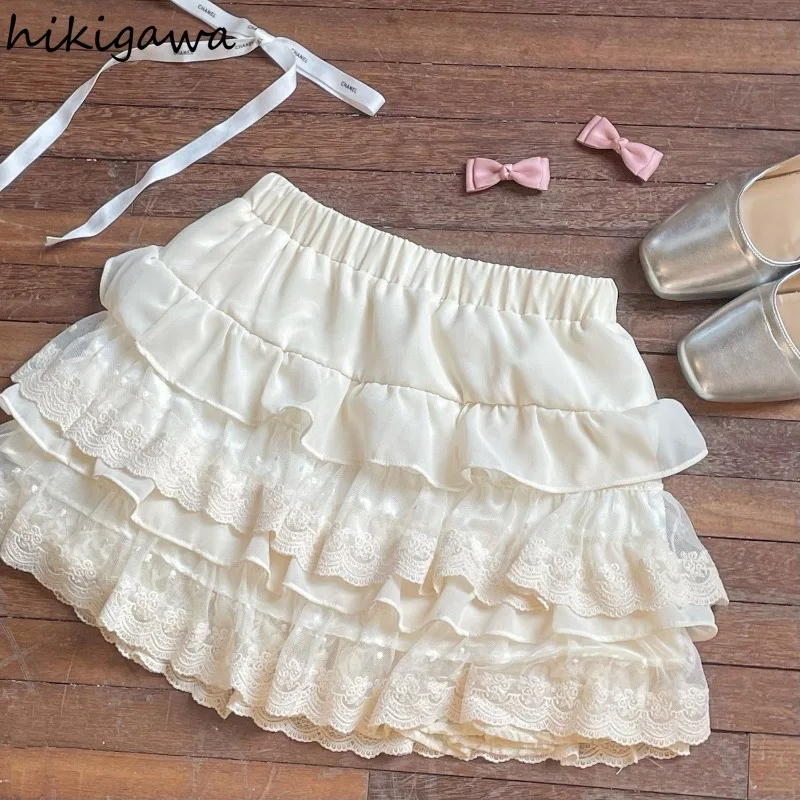 

Japanese Cute Women Skirt High Waist White Jupe Patchwork Lace Sweet Saia 2025 Faldas Mujer De Moda Fashion Summer Mini Skirts