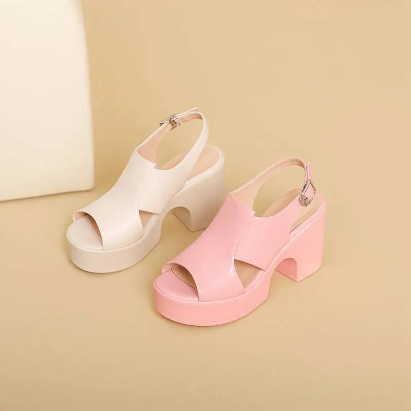 Krazing Pot Full Grain Leather Super High Heels Peep Toe Buckle Straps Summer Luxury Elegant Platform Pink Modern Women Sandals